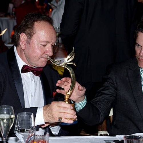 CANNES, FRANCE - MAY 20: (L-R) Kevin Spacey and Jaron Lowenstein attend the Better World Fund Gala 2025 at the 78th annual Cannes Film Festival at Carlton Hotel on May 20, 2025 in Cannes, France. (Photo by Pascal Le Segretain/Getty Images)