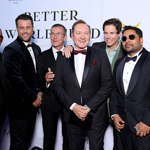 CANNES, FRANCE - MAY 20: Manuel Collas de La Roche, Kevin Spacey, Jaron Lowenstein and Gilles Muzas and guests attend the Better World Fund Gala 2025 red carpet at the 78th annual Cannes Film Festival at Carlton Hotel on May 20, 2025 in Cannes, France. (Photo by Pascal Le Segretain/Getty Images)